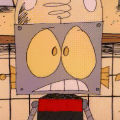 a cartoon drawing of a robot with a red and black shirt