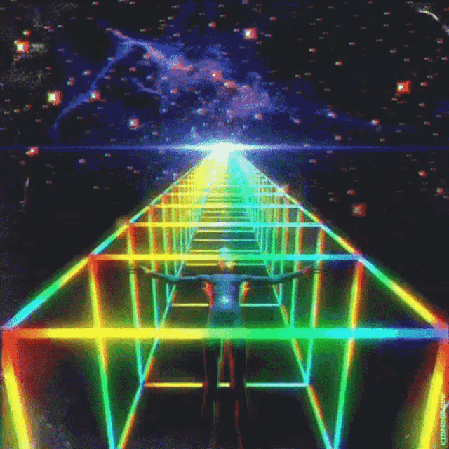 a person is walking down a rainbow colored staircase .