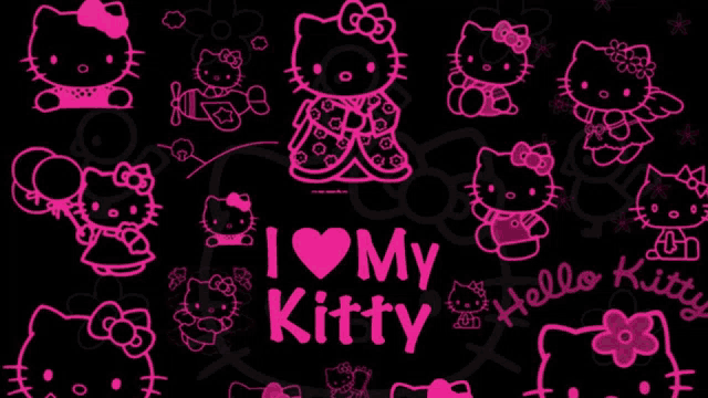 a black background with pink hello kitty icons and the words i love my kitty