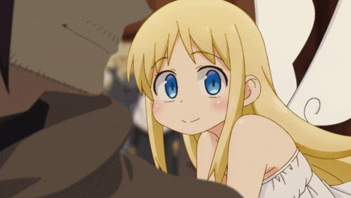 a girl with blonde hair and blue eyes looks at something
