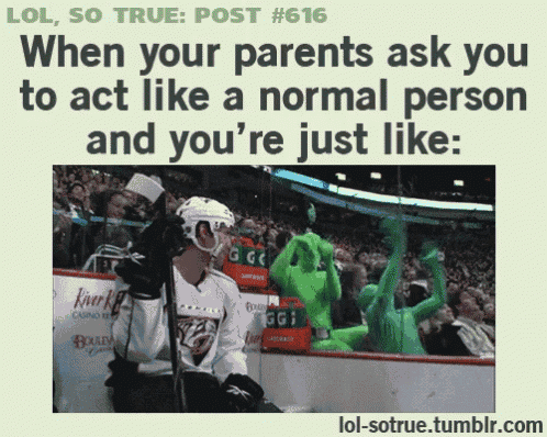 a hockey player stands in front of a crowd with a caption that says " when your parents ask you to act like a normal person "