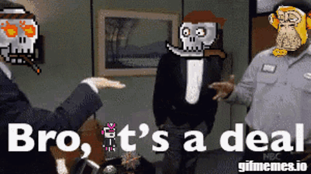 a man in a suit says " bro t 's a deal " while another man stands behind him
