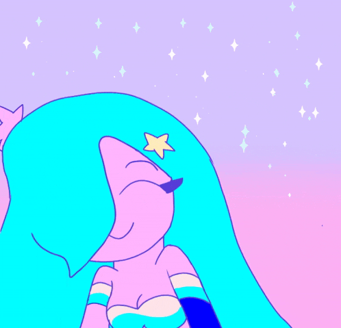 a cartoon drawing of a girl with blue hair and a star on her head