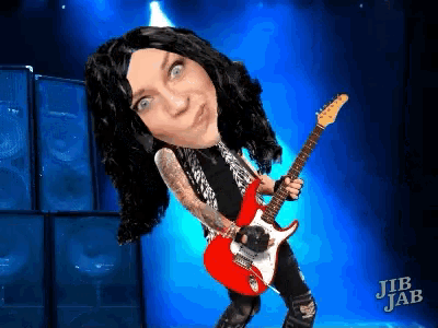 a cartoon of a woman holding a red guitar with jib jab in the corner
