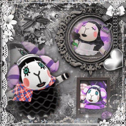 a black and white photo of a stuffed animal with a picture of a sheep in a frame
