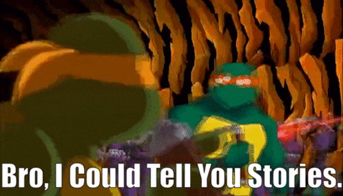 a cartoon of a ninja turtle saying bro i could tell you stories