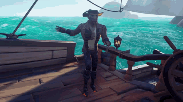 a man in a cowboy hat is standing on the deck of a ship in the ocean