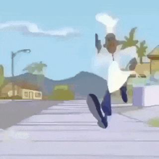 a cartoon character is running down a sidewalk while holding a gun .