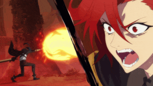 a man with red hair is holding a sword and a woman with red hair is holding a flamethrower