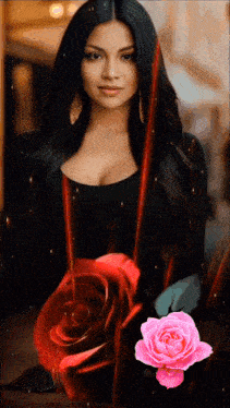 a woman in a black top is surrounded by red roses and a pink rose