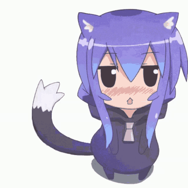 a cartoon girl with purple hair and cat ears has a white tail