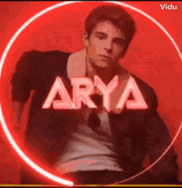 a man in a black jacket is standing in a red circle with the name arya written on it .