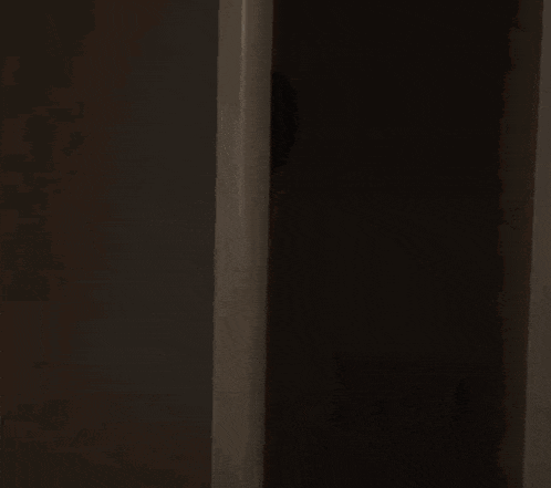 a person is peeking out of a door in the dark .