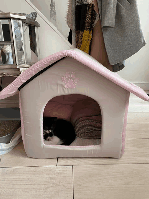 a black and white cat sleeping in a pink and white dog house