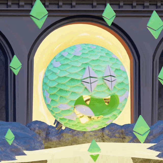 a green ball with a face is surrounded by ethereum tokens