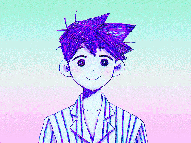 a drawing of a girl with long purple hair and a pink bow