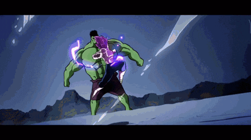 a cartoon of hulk fighting a woman with purple lights