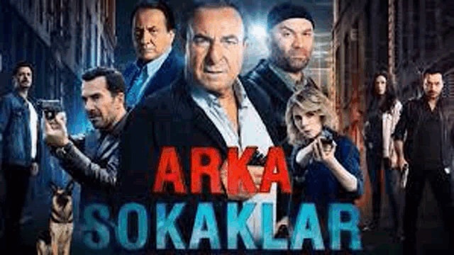 a group of people standing next to each other holding guns in a movie poster for arka sokaklar .