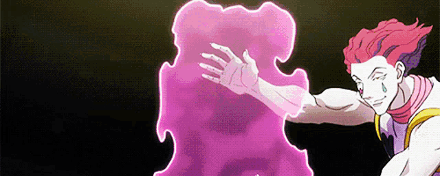 a cartoon character is standing in front of a purple smoke .
