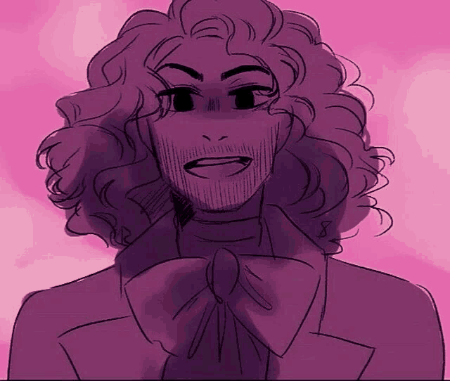 a purple drawing of a man with curly hair and a bow tie .