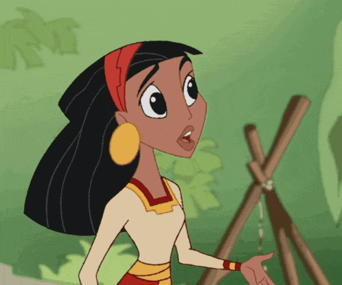 a cartoon character with a surprised look on her face is standing in front of a teepee