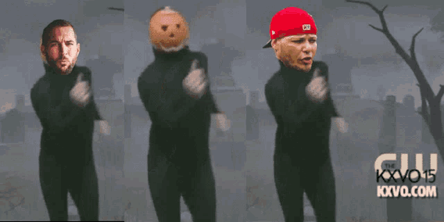 a man with a pumpkin head and a man with a red hat are dancing in front of a cemetery