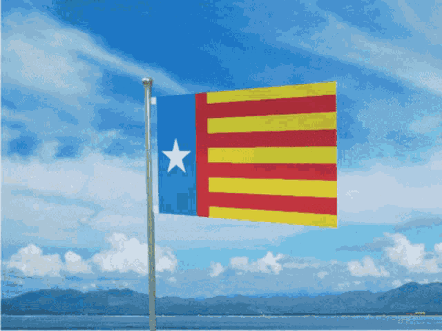 a red yellow and blue flag with a white star on the top