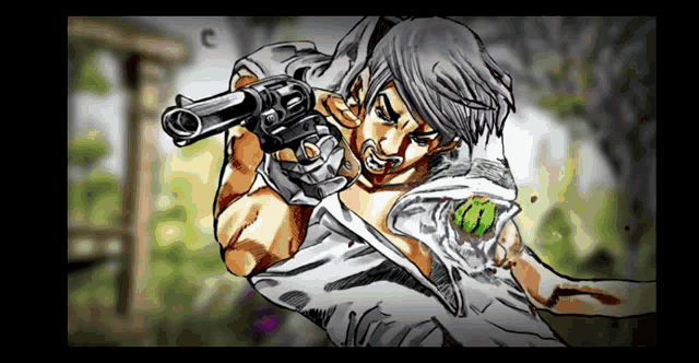 a cartoon of a man holding a gun with a green bullet in his chest