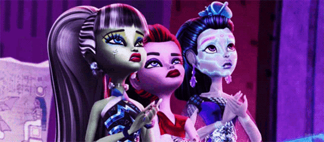 three monster high dolls are standing next to each other in a room