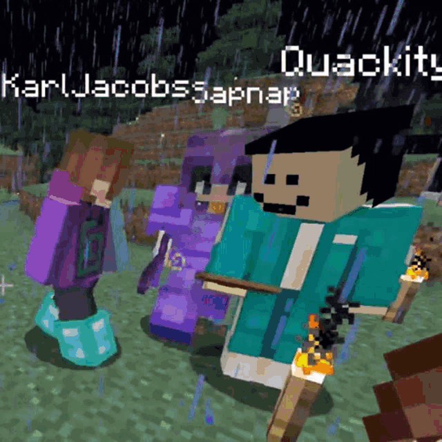 a group of minecraft characters are standing next to each other in the rain