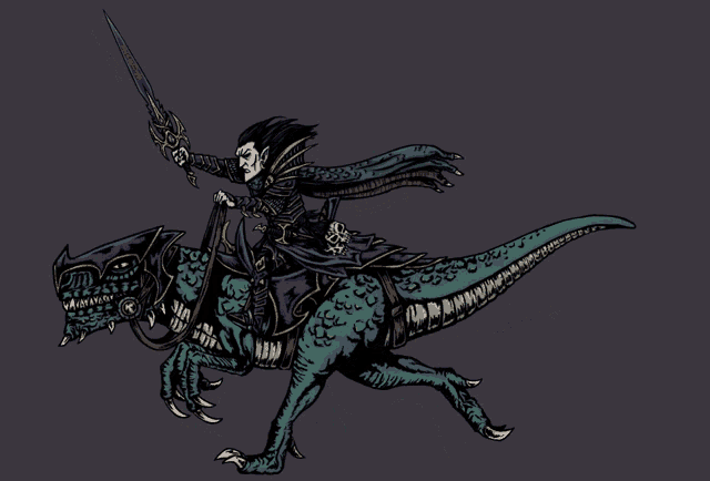a drawing of a vampire riding a dinosaur
