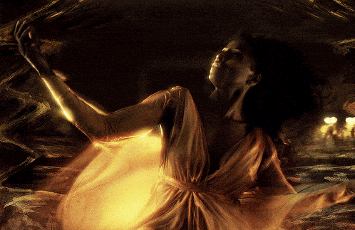 a painting of a woman in a gold dress with a glowing light behind her