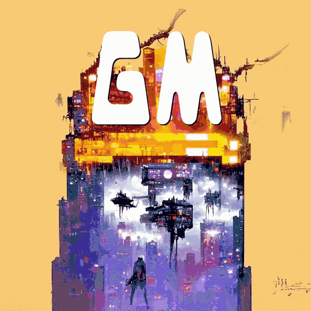 a painting of a futuristic city with the word gm in white