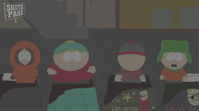 a group of south park characters are standing in a dark room