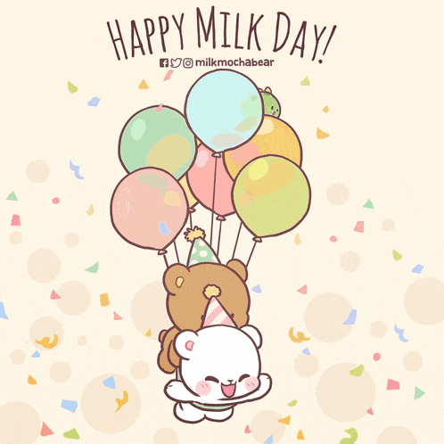 a cartoon of two bears celebrating milk day with balloons and confetti