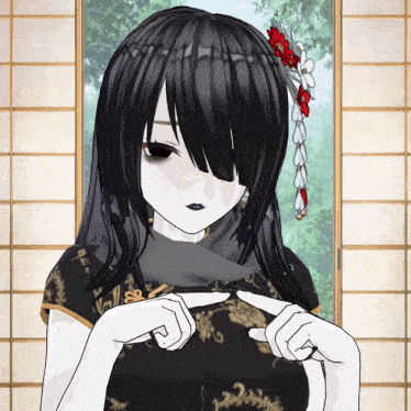 a girl with black hair and a flower in her hair is making a heart shape with her hands