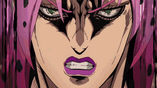 a close up of a person 's face with pink hair and purple lips