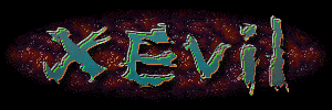 the word x-evil is written in blue on a dark background