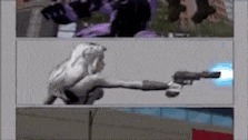 a collage of three pictures of a person holding a gun