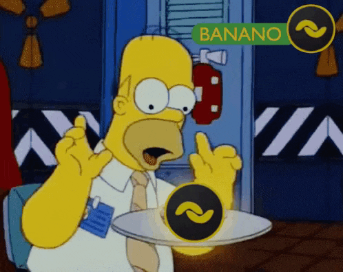 homer simpson is holding a plate with a coin on it and a sign that says banano
