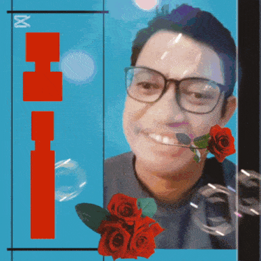 a man with glasses is smiling with a rose in his mouth and bubbles coming out of his mouth