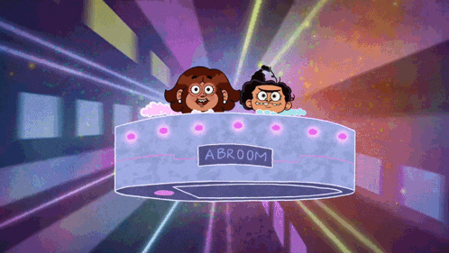 two cartoon characters are riding a broom in a space ship