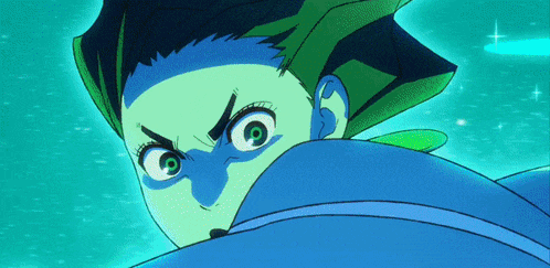 a cartoon character with green eyes and blue hair