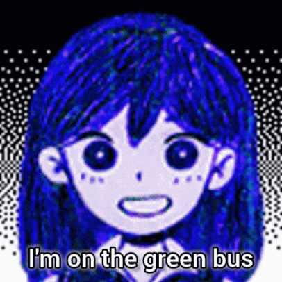 a cartoon girl with blue hair is smiling and saying i 'm on the green bus .