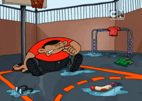 a cartoon of a man sitting on a basketball court with cn on the bottom