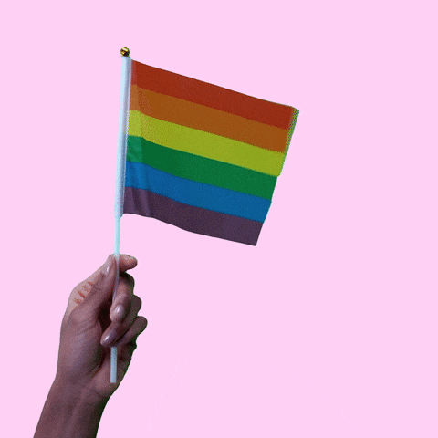 a hand holds a small rainbow flag on a pink background