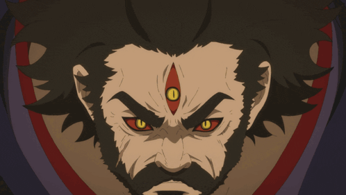 a cartoon drawing of a man with a beard and glowing yellow eyes