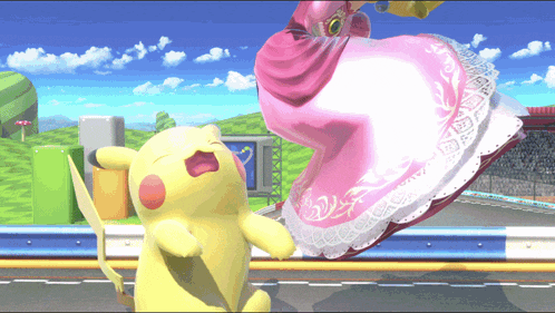 a pikachu standing next to a princess peach in a video game