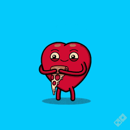 a cartoon of a heart holding a slice of pizza