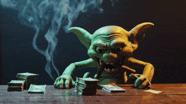 a goblin is smoking a cigarette next to a pile of money